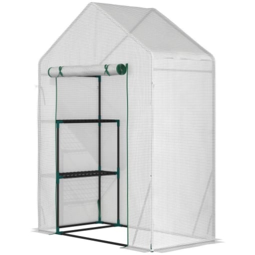 SERRA DA GIARDINO IN PE E ACCIAIO PER ESTERNI CON 2 SCAFFALI E PORTA AVVOLGIBILE, 143X73X195 CM, BIANCO