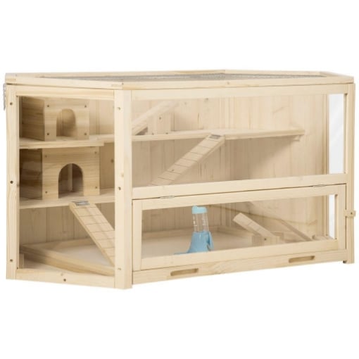 CASETTA PER CRICETI IN LEGNO A 3 LIVELLI, CASA PER CRICETI E PICCOLI RODITORI CON TETTO APRIBILE E PARETE TRASPARENTE, 115X60X55CM