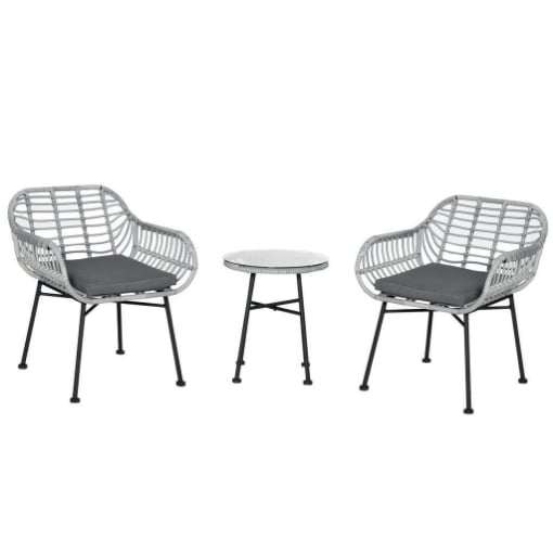 SET MOBILI DA GIARDINO IN RATTAN PE CON 2 SEDIE E TAVOLINO CON RIPIANO IN VETRO, GRIGIO