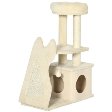 ALBERO TIRAGRAFFI PER GATTI CON TAPPETINO E PALI IN SISAL, CASETTA SFODERABILE E LETTINO, 60X30X83CM, BEIGE