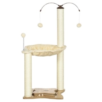 ALBERO TIRAGRAFFI PER GATTI MAX 5KG CON AMACA, PALLINE DA GIOCO E PALI IN SISAL, 53.5X53.5X90 CM, BEIGE