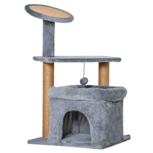 ALBERO TIRAGRAFFI PER GATTI CON PALI IN CORDA JUTA, CASETTA E CUSCINO PER GATTI, RIVESTIMENTO IN PELUCHE, ALTEZZA 84CM - GRIGIO