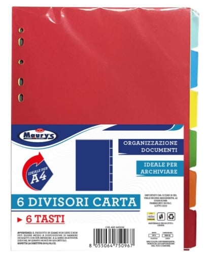 DIVISORI DI CARTA  6 PZ CON TASTI COLORATI IDEALE PER FORMATO A4