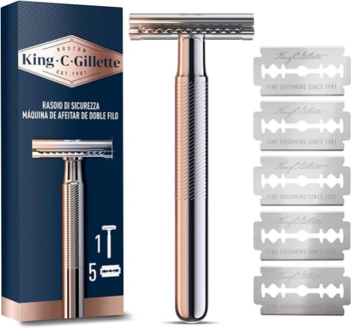 GILLETTE KING C. RASOIO DI SICUREZZA 1 MANICO + 5 LAMETTE DA BARBA IN ACCIAIO INOSSIDABILE LAMETTA RIVESTITA DI PLATINO  OKX