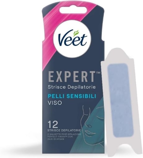 VEET EXPERT STRISCE DEPILATORIE VISO PER PELLI SENSIBILI 12 STRISCE (6X2 STRISCE) + 2 SALVIETTE POST-EPILAZIONE OKX