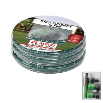 TUBO FLESSIBILE DA GIARDINO VERDE IN PVC DIAMTRO 12 MM X 25 MT -1/2 IN + ACCESSORI OKX