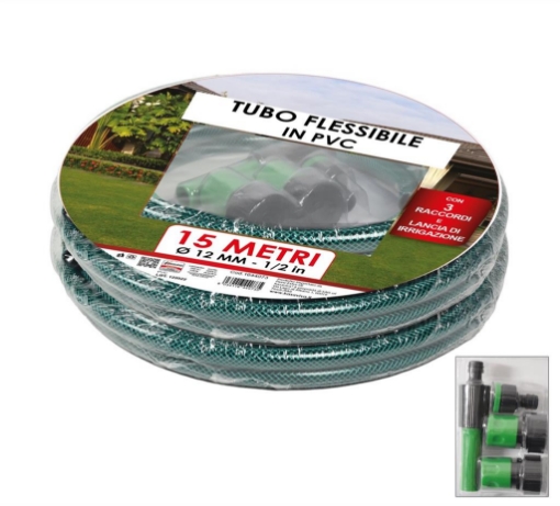 TUBO FLESSIBILE DA GIARDINO VERDE IN PVC DIAMETRO 12 MM X 15 MT -1/2 IN CON 3 RACCORDI E LANCIA DI IRRIGAZIONE
