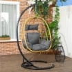 POLTRONA SOSPESA E PIEGHEVOLE CON CUSCINI, IN ACCIAIO E RATTAN PE, 102X102X195 CM, NERA GRIGIA E BEIGE