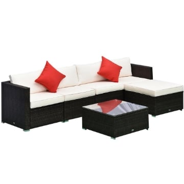 SET MOBILI DA GIARDINO IN RATTAN PE 4 POLTRONE 1 POUF 1 TAVOLINO IN VETRO TEMPERATO 2 CUSCINI