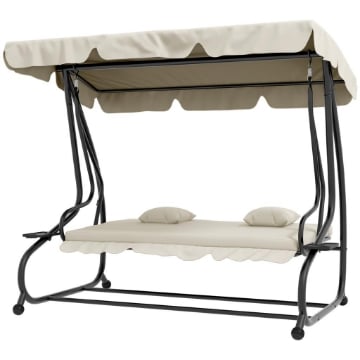 DONDOLO LETTO DA GIARDINO CON TETTUCCIO REGOLABILE E VASSOI, IN ACCIAIO E TESLIN, 200X120X164 CM, CREMA