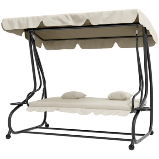DONDOLO LETTO DA GIARDINO CON TETTUCCIO REGOLABILE E VASSOI, IN ACCIAIO E TESLIN, 200X120X164 CM, CREMA