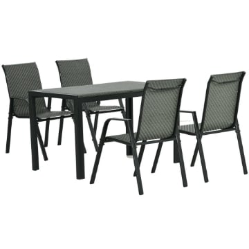 SET DA GIARDINO IN RATTAN PE CON TAVOLO DA PRANZO E 4 SEDIE IMPILABILI, GRIGIO