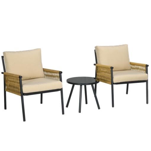 SET DA GIARDINO IN RATTAN CON 2 POLTRONCINE CON CUSCINI E TAVOLINO ROTONDO IN VETRO, BEIGE