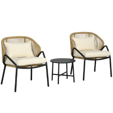 SET DA GIARDINO 3 PEZZI, 2 SEDIE CON BRACCIOLI E CUSCINI E TAVOLINO IN ACCIAIO E RATTAN PE, CREMA