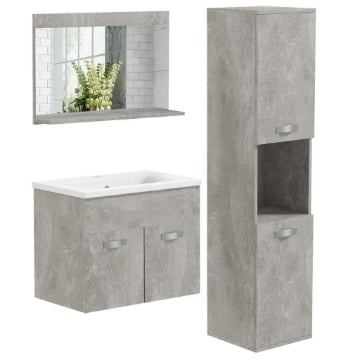 SET MOBILI BAGNO CON MOBILE LAVABO 60CM E LAVANDINO IN CERAMICA, COLONNA BAGNO E SPECCHIERA, GRIGIO