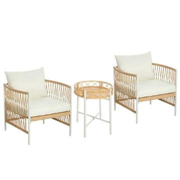 SET DA GIARDINO STILE BOHO IN RATTAN CON 2 SEDIE CON CUSCINI E TAVOLINO ROTONDO, GIALLO