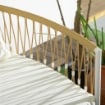 SET DA GIARDINO STILE BOHO IN RATTAN CON 2 SEDIE CON CUSCINI E TAVOLINO ROTONDO, GIALLO