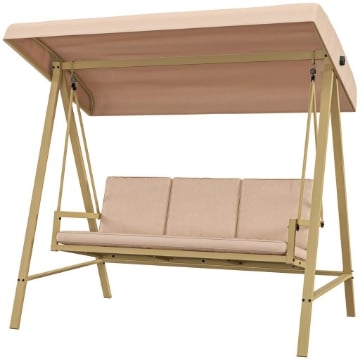 DONDOLO 3 POSTI CON TETTUCCIO INCLINABILE E CUSCINI, IN ACCIAIO E TEXTILENE, 200X125X175 CM, BEIGE E MARRONE