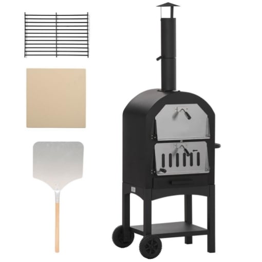 FORNO PER PIZZA E BARBECUE A CARBONE PORTATILE IN ACCIAIO CON CAMINO E RUOTE, 63X54X161 CM, NERO