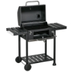 BARBECUE A CARBONE CON COPERCHIO CON TERMOMETRO, GRIGLIA REGOLABILE, RUOTE E TAVOLINI, NERO