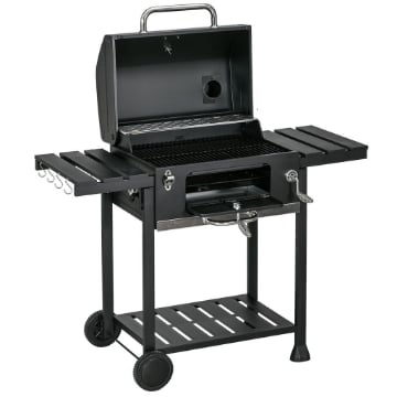 BARBECUE A CARBONE CON COPERCHIO CON TERMOMETRO, GRIGLIA REGOLABILE, RUOTE E TAVOLINI, NERO