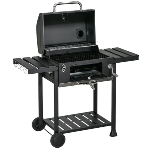 BARBECUE A CARBONE CON COPERCHIO CON TERMOMETRO, GRIGLIA REGOLABILE, RUOTE E TAVOLINI, NERO