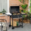 BARBECUE A CARBONE CON COPERCHIO CON TERMOMETRO, GRIGLIA REGOLABILE, RUOTE E TAVOLINI, NERO