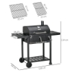 BARBECUE A CARBONE CON COPERCHIO CON TERMOMETRO, GRIGLIA REGOLABILE, RUOTE E TAVOLINI, NERO