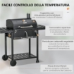 BARBECUE A CARBONE CON COPERCHIO CON TERMOMETRO, GRIGLIA REGOLABILE, RUOTE E TAVOLINI, NERO