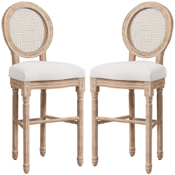 SET 2 SGABELLI DA BAR CON SCHIENALE, CUSCINI E POGGIAPIEDI, IN LEGNO E POLIESTERE, 48X56X118 CM, CREMA