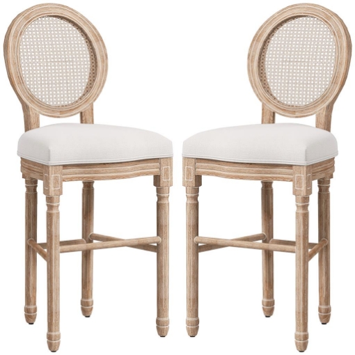 SET 2 SGABELLI DA BAR CON SCHIENALE, CUSCINI E POGGIAPIEDI, IN LEGNO E POLIESTERE, 48X56X118 CM, CREMA