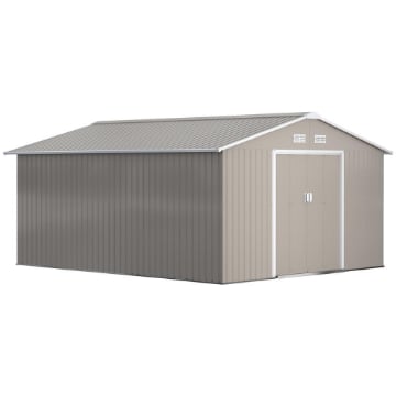 CASETTA DA GIARDINO CON PORTE SCORREVOLI E TETTO INCLINATO, IN ACCIAIO E PP, 340X386X200 CM, GRIGIO