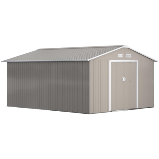 CASETTA DA GIARDINO CON PORTE SCORREVOLI E TETTO INCLINATO, IN ACCIAIO E PP, 340X386X200 CM, GRIGIO