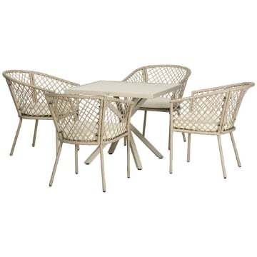 SET DA GIARDINO CON 4 POLTRONCINE CON CUSCINI E TAVOLO IN ACCIAIO E RATTAN PE, KHAKI