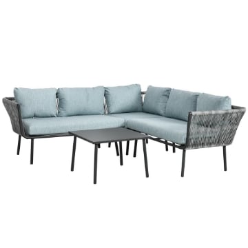 SET DA GIARDINO 4 PEZZI IN RATTAN CON TAVOLINO DA CAFFÈ, 2 DIVANI AD ANGOLO E POLTRONCINA, NERO GRIGIO E BLU