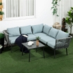 SET DA GIARDINO 4 PEZZI IN RATTAN CON TAVOLINO DA CAFFÈ, 2 DIVANI AD ANGOLO E POLTRONCINA, NERO GRIGIO E BLU