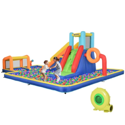 CASTELLO GONFIABILE PER BAMBINI 3-8 ANNI CON SCIVOLO, PARETE, PORTA E CANESTRO, IN TESSUTO OXFORD, 590X460X220 CM