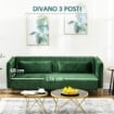 DIVANO 3 POSTI MODERNO CON CUSCINI IMBOTTITI, GAMBE IN ACCIAIO E TESSUTO VELLUTATO, 200X88X76 CM, VERDE