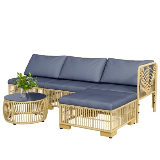 SET SALOTTO IN RATTAN DA GIARDINO CON DIVANO MODULABILE, CUSCINI E TAVOLINO DA CAFFÈ, GRIGIO