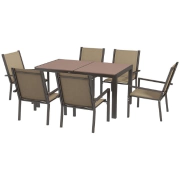 SET DA GIARDINO 7 PEZZI IN PLASTICA CON 6 SEDIE IMPILABILI E TAVOLO RETTANGOLARE, KAKI E MARRONE