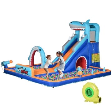CASTELLO GONFIABILE PER BAMBINI 3-8 ANNI CON GONFIATORE, SCIVOLO, PISCINA E PARETE DA ARRAMPICATA