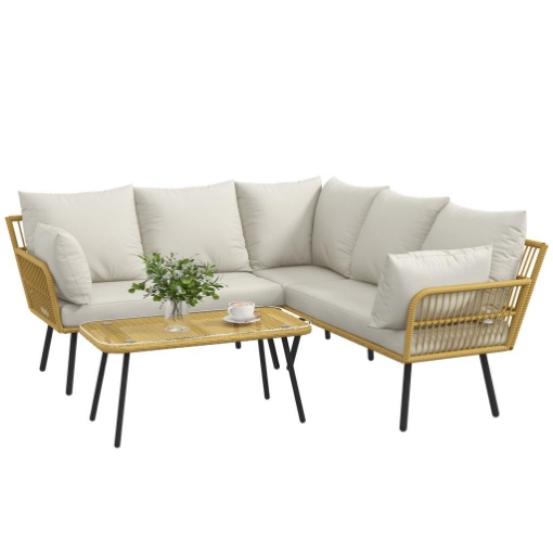 SET DA GIARDINO 4 PEZZI IN RATTAN PE CON TAVOLINO DA ESTERNI 90X45X42 CM E 2 DIVANETTI PER ESTERNI 6EX63X74 CM, BIANCO CREMA