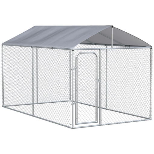 KENNEL PER CANI IN METALLO GALVANIZZATO CON TETTUCCIO IN TESSUTO OXFORD E PORTA CON BLOCCO, 400X230X232CM, ARGENTO