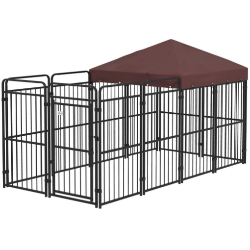 RECINTO PER CANI DA ESTERNO IN METALLO CON TETTO, 282X141X159CM, MARRONE