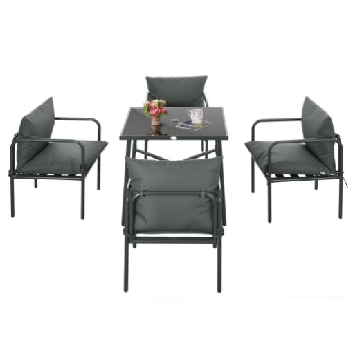 SET DA GIARDINO 5 PEZZI IN ACCIAIO CON 4 SEDIE 58X58X66 CM E TAVOLO 80X80X71 CM CON FORO CENTRALE, GRIGIO