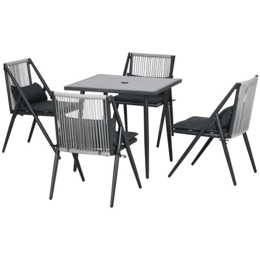 SET DA GIARDINO CON 4 SEDIE CON CUSCINI E TAVOLO DA PRANZO QUADRATO IN VETRO, GRIGIO SCURO