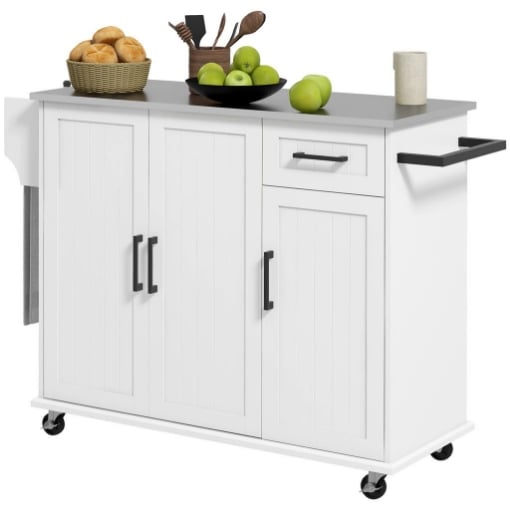 ISOLA PER CUCINA CON CASSETTO, ARMADIETTO E 2 RIPIANI APERTI, IN MDF E ACCIAIO INOX, 128X45.5X91.5 CM