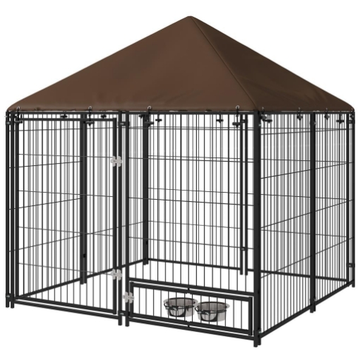 RECINTO PER CANI IN METALLO E TESSUTO OXFORD CON PORTICINA PER CIOTOLE, 141X141X151 CM, NERO E MARRONE