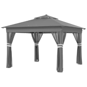 GAZEBO DA GIARDINO AD ALTEZZA REGOLABILE CON LUCI LED, IN ACCIAIO E TESSUTO OXFORD, 336X336X250-270 CM, GRIGIO