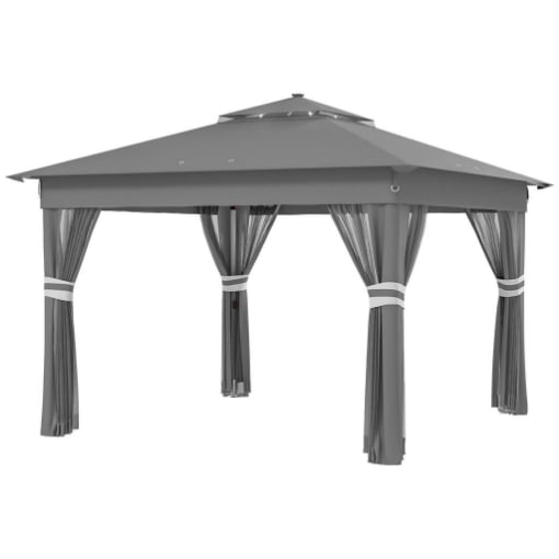 GAZEBO DA GIARDINO AD ALTEZZA REGOLABILE CON LUCI LED, IN ACCIAIO E TESSUTO OXFORD, 336X336X250-270 CM, GRIGIO